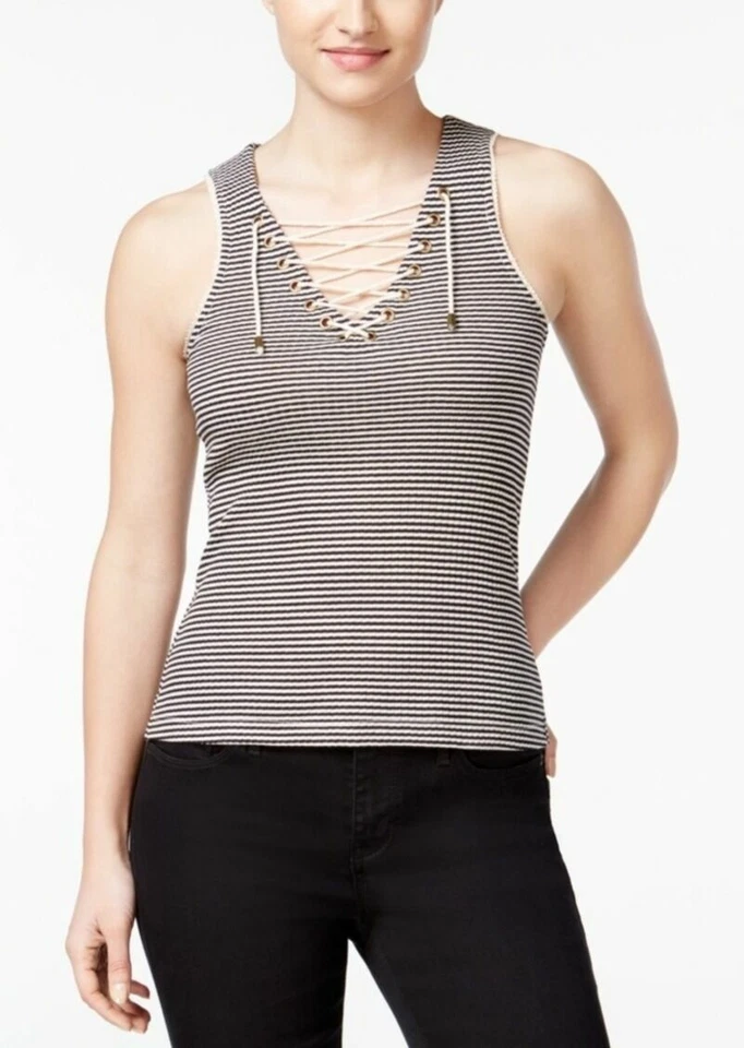 Camiseta sin mangas tejida con cordones a rayas marfil negra trapo americano nueva con etiquetas cuello en V XXS Foto 1 de 1