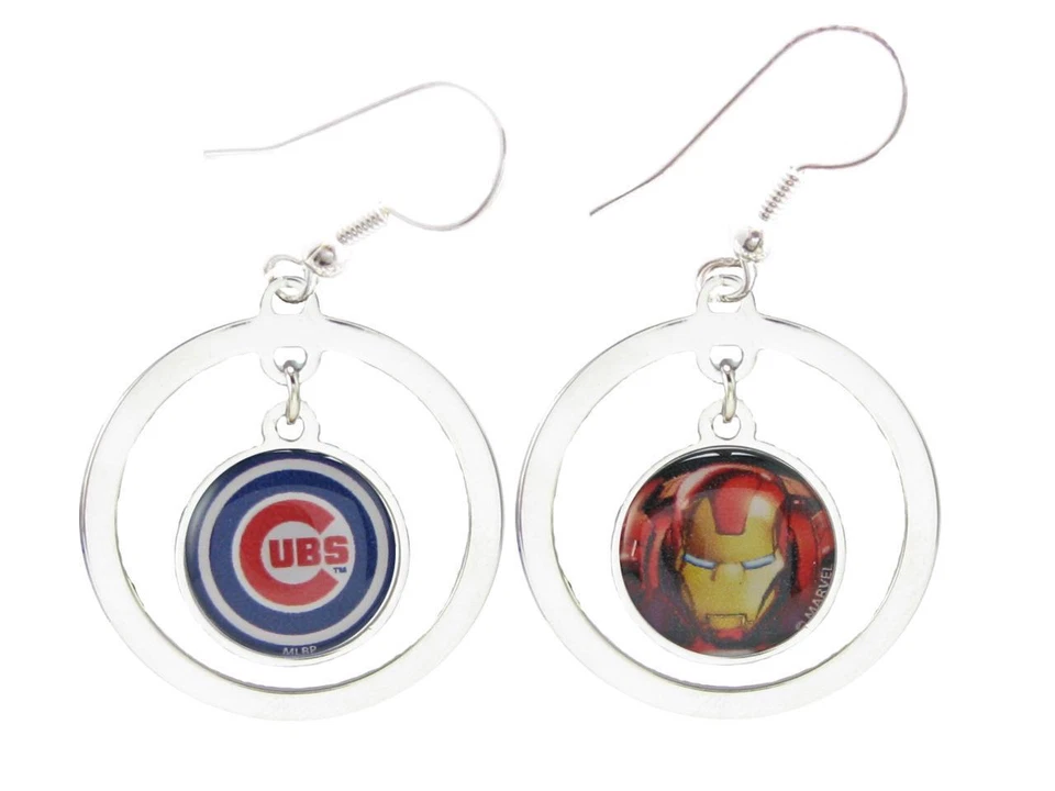 Chicago Cubs Iron Man Two Sided Silver Hoop Wire Earrings Marvel MLB Jewelry - Image 1 of 1