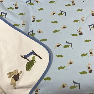 RARE 2012 Gymboree Turtle Rabbit Baby Blanket Blue White Tortoise Hare Race L1 - Image 1 of 4
