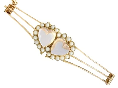 Antique Victorian 4.90 Ct Moonstone and Seed Pearl 15k Rose Gold Bangle - Image 1 of 4