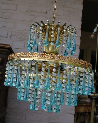 Murano hand blue turquoise clear glass drop 1970 italian chandelier lamp Cover