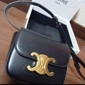 CELINE Mini Triomphe Shoulder Bag Crossbody Leather Black Authentic used - Picture 1 of 3