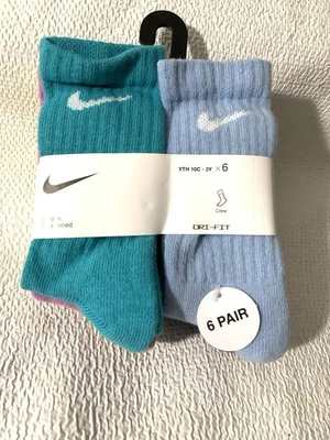 Nike Dri-Fit 6pk Cushioned Crew Socks Youth Sz 10C-3Y NEW $20 UN0019-BA2 - Image 1 of 4