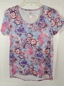 Camiseta clásica de manga corta con estampado floral rosa y púrpura de LulaRoe para mujer Xsmall - Imagen 1 de 7
