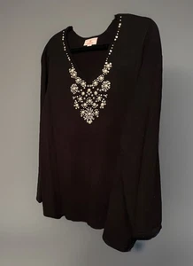 Vtg Quacker Sz XL Black Sweater VNeck Beaded Heavy With Rhinestone & Pearls - Picture 1 of 8