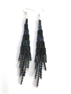 Handmade Dark Grey Beaded Long Tassel Earrings with Sterling Silver 925 Earwires - Image 1 of 2