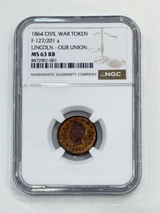 1864 Civil War Token F-127/201a LINCOLN - OUR UNION NGC MS63 RB ** KAXAH1001 - Picture 1 of 6