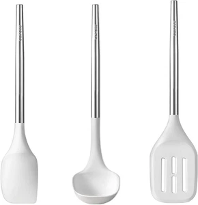 CAROTE 3pc Silicone Utensil Set White, Stainless Handle, Nonstick Safe - Picture 1 of 2