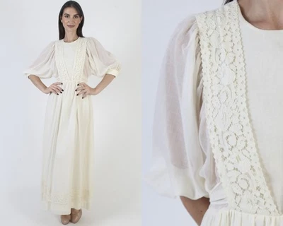 Vtg 70s Prairie Dress Boho Wedding Gown Cottagecore Peasant Plain Lace Bridal - Image 1 of 4
