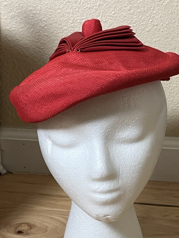 I MAGNIN & CO Vintage 1940's RED PANCAKE Hat Ribbon trim inside needs stitches - Image 1 of 4