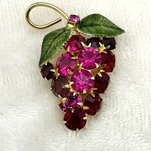 Vintage Weinrebenblätter Fuchsia Rot Strass Emaille Vintage Gold Brosche 2" - Bild 1 von 4