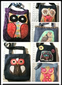 Owl style Handbag, Carry-All crossbody bag in multicolor & denim fabric - Picture 1 of 13