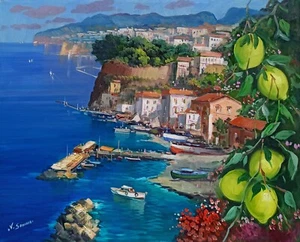 SORRENTO PAINTING FRUIT & FLOWERS CANVAS PAINTER VINCENZO SOMMA ITALIAN DECOR - Picture 1 of 11