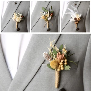 Men's Corsage Buttonhole Brooch Pins Real Dry Flower Wedding Party Bridal Prom - Picture 1 of 18
