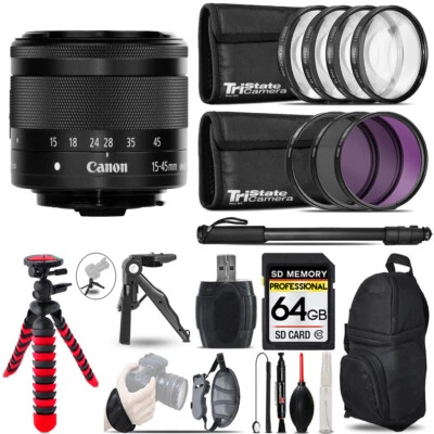 Canon EF-M 15-45mm f/3.5-6.3 IS STM Lens Graphite+MACRO,3 Piece Filter+64GB Kit - Image 1 of 4
