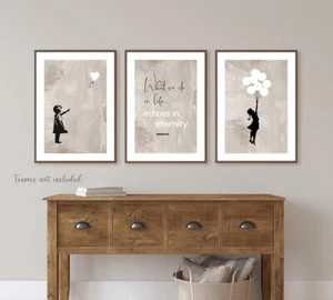 Set of 3 Banksy Wall Art Quote Prints Heart Balloon Girl Pictures Posters Beige - Picture 1 of 3