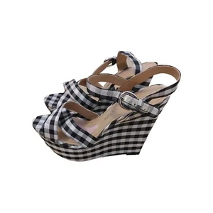 PARIS HILTON PLATFORM Black & White Gingham Open Toe Strappy Wedge Shoes Sz 8.5 - Picture 1 of 15
