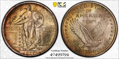 1917 Standing Liberty Quarter PCGS MS67+ FH Type 1 Toned 25C CAC Sharp Silver - Image 1 of 4