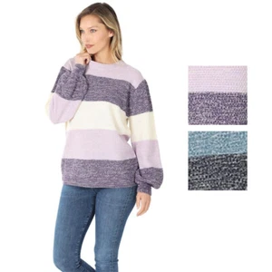 Zenana Womens Colorblock Balloon Sleeve Knit Sweater - Picture 1 of 3