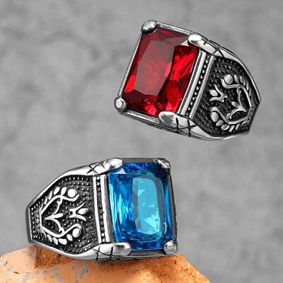 Anillos de piedras preciosas acero inoxidable zafiro rubí preciosas azul rojo piedras simuladas Foto 1 de 4