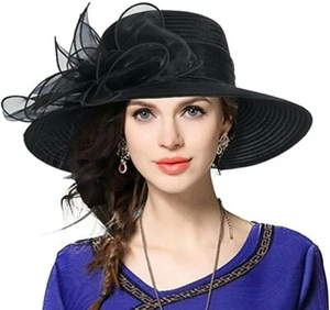 Women's Kentucky Derby Church Dress Hat Wide Brim Bridal Shower Drawstring Hat - Picture 1 of 26