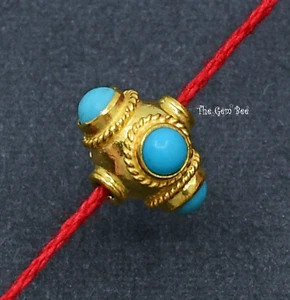 8mm 18k Solid Yellow Gold Sleeping Beauty Blue Turquoise Lantern Spacer Bead - Picture 1 of 10
