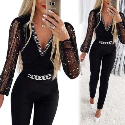 Sexy Damen Strass Overall V-Neck Jumpsuit Hosenanzug Einteiler Romper Clubwear - Bild 1 von 4