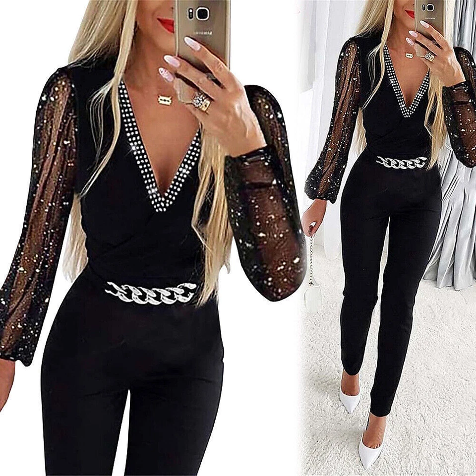 Sexy Damen Strass Overall V-Neck Jumpsuit Hosenanzug Einteiler Romper Clubwear - Bild 1 von 4