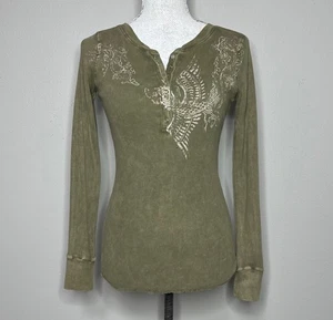 One World Y2K Langarm Strass Henley Top Damen L grün tailliert Grunge - Bild 1 von 13