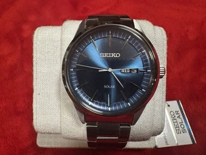 Seiko Solar blaues Zifferblatt Edelstahl Herrenuhr - Box, Anleitung & Etikett - Bild 1 von 9