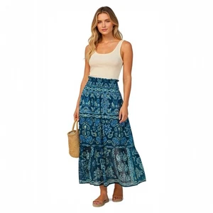 Farm Rio Anthropologie Floral Maxi Chiffon Paisley Skirt Size Small Blue - Picture 1 of 11