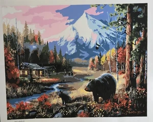 Bear Cabin River Mountains completed Paint by Number Canvas 16 X 20 Unframed - Picture 1 of 4
