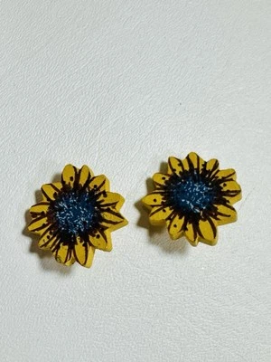 Vintage Yellow Sunflower Clip Earrings, Wooden Earrings, Gift ideas - Image 1 of 3