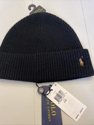 NUEVO CON ETIQUETAS POLO Ralph Lauren Polo Jugador Puño Mezcla Lana Sombrero Gorro, Negro $48 Foto 1 de 4