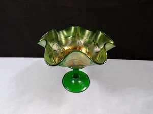 Fenton Green Carnival Glass Birds & Cherries Compote Footed Candy Dish - Picture 1 of 9
