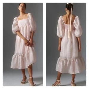 NEW ANTHROPOLOGIE Soft Pale Pink Textured Puff Sleeve Baby Doll Midi Dress Med - Picture 1 of 6