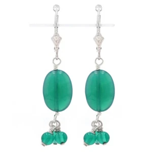 New Chalcedony Drop Earrings - Sterling Silver Pierced Dangle Green Stone - Picture 1 of 8