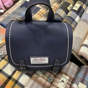 Harris Tweed Backpack -Navy Herringbone A1 Tartan PU Leather 24cm x 12cm x 28cm - Picture 1 of 7