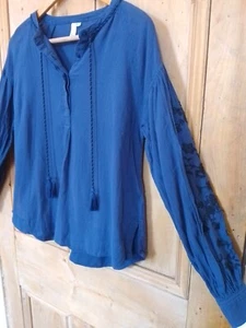 John Lewis And/Or Size 8 Dark Blue Floral Embroidered Boho Peasant Blouse Tassle - Picture 1 of 18