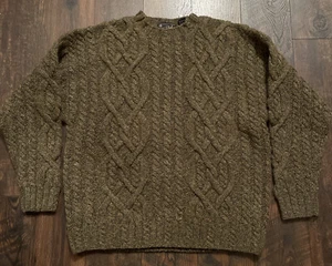 American Eagle 100% Wool Hand Knit Sweater Fair Isle Chunky Mens L Green Brown - Picture 1 of 9