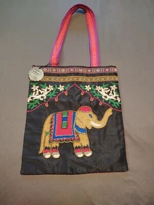 Pier 1 Pink/Black Canvas Tote Shoppers Bag Beaded Elephant Rich Pink Color  - Picture 1 of 9