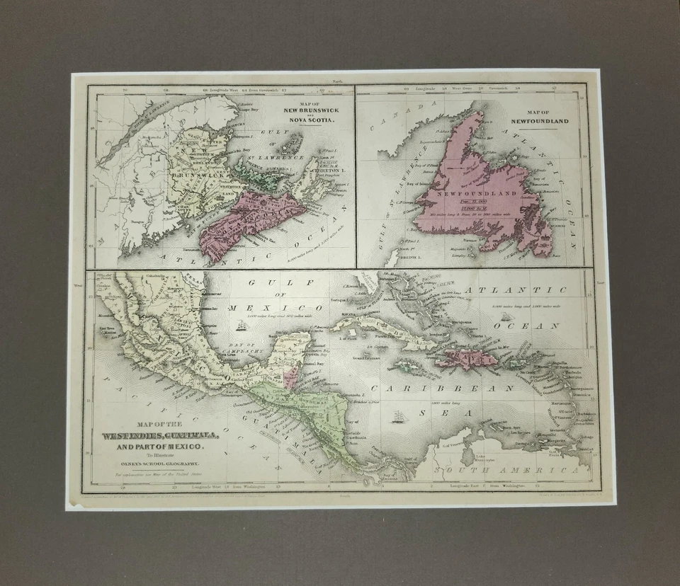 Mapa antiguo Atlas de 1844 por D.F. Robinson Terranova Nuevo Brunswick Nueva Escocia Foto 1 de 4
