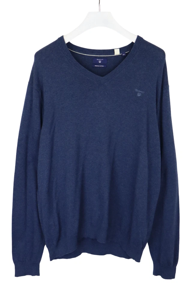 Gant Premium En Coton Pull Homme 2XL Pullover Stretch Col En V Bleu Tricoté - Photo 1/4