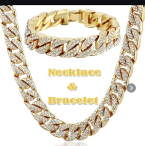 COLLAR CUBANO TRANSPARENTE ENCHAPADO EN ORO 18K HELADO BRILLANTE COMPLETO SIMULADO MIAMI CUBANO - Imagen 1 de 11