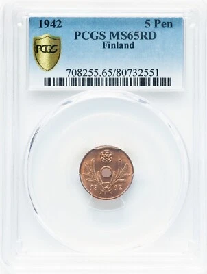 Finlandia - República 1942 Segunda Guerra Mundial EDICIÓN - 5 Pennia - PCGS MS65RD - ÚNICO PARA PCGS Foto 1 de 3