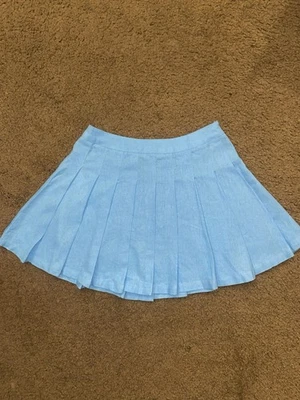 Mini-saia curta Forever 21 pequena azul vibrante preppy plissada linho com zíper - Imagem 1 de 4