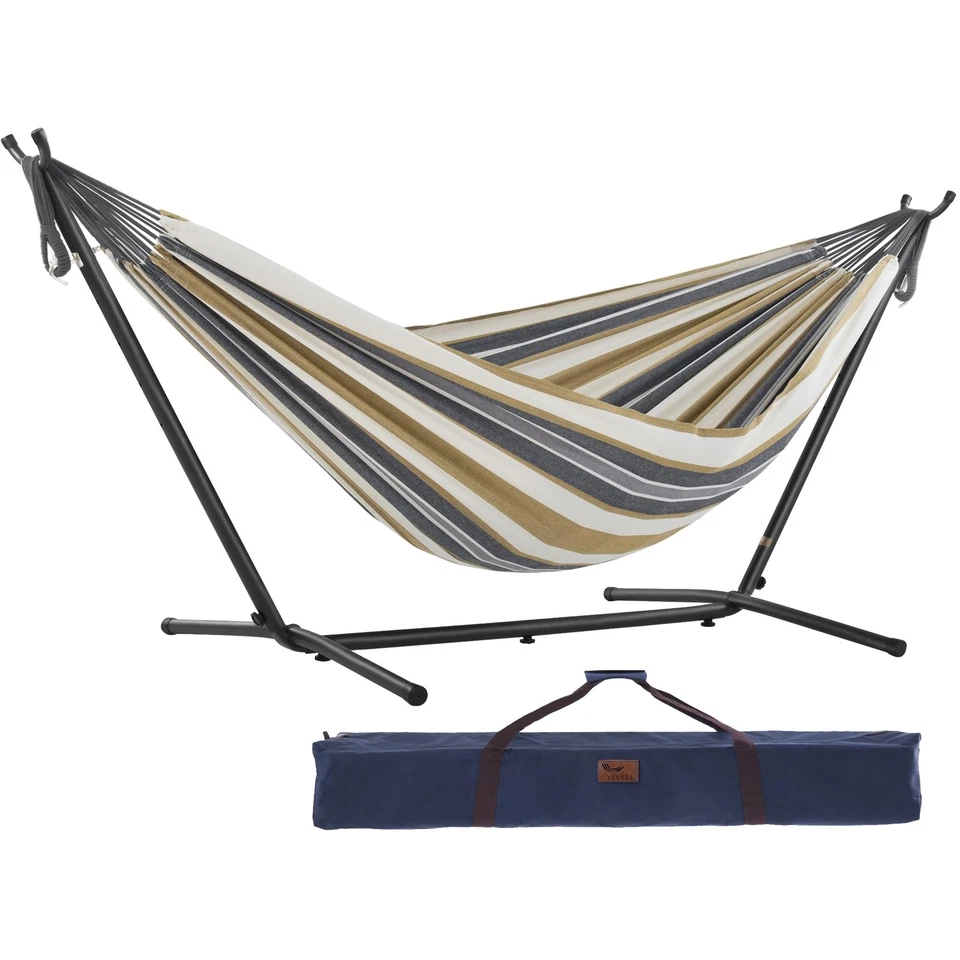 Double Cotton Hammock with Space Saving Steel Stand, Upgraded Polyester End S... - Image 1 of 4