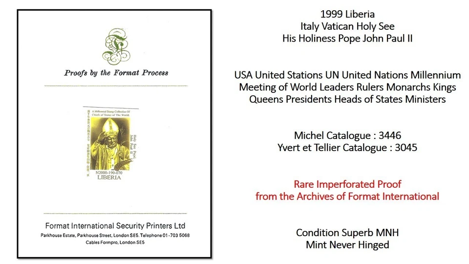 Liberia 1999 EE. UU. Cumbre de la ONU Italia Vaticano Santa Sede Papa Juan Pablo II Prueba MNH Foto 1 de 3