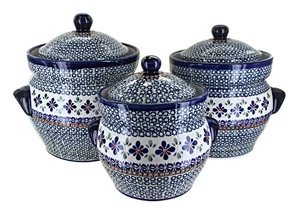 Blue Rose Polish Pottery Mosaic Flower Large Canister Set - Picture 1 of 1