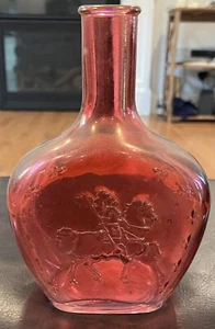 Red Liquor Glass Bottle With Embossed Knight On Horse - Picture 1 of 7